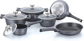 Herenthal Pannenset Inductie - Luxe 10-Delige Pannenset - Kookpotten Voor alle Warmtebronnen - Kookpan - Pan Inductie Met Glazen Deksels en Koudgrepen - Grijs