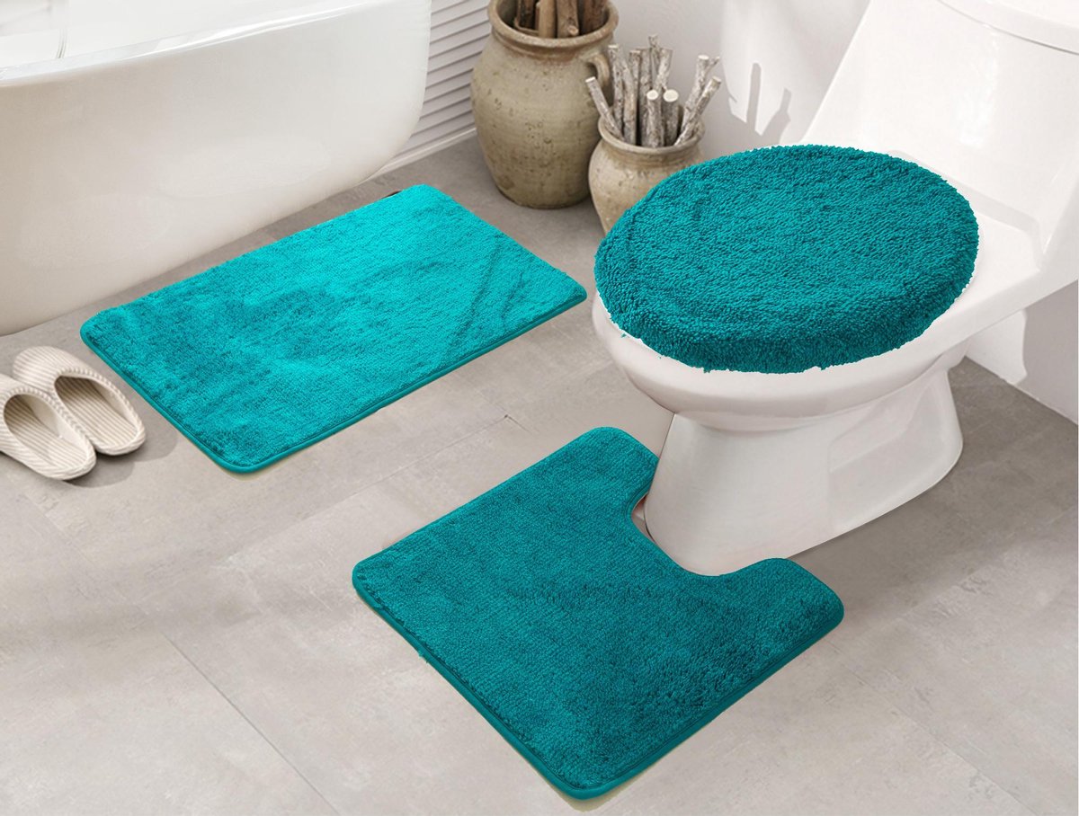 Lucy's Living Luxe 3 SET badmat + wc mat + toiletmat Turquoise - 50 x 80 cm - 50 x 50 cm - 50 x 52 cm - douchemat - badmatten - badmat antislip - badkamer - badmat zwart - badtextiel - polyester - wc mat