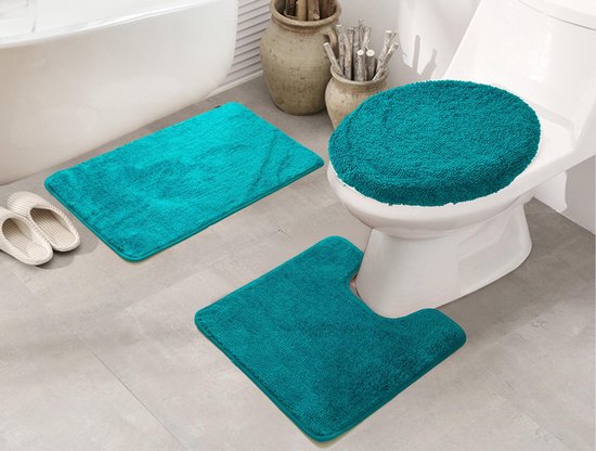 Lucy's Living Luxe 3 SET badmat + wc mat + toiletmat Turquoise – 50 x 80 cm - 50 x 50 cm - 50 x 52 cm - douchemat - badmatten - badmat antislip - badkamer - badmat zwart - badtextiel - polyester - wc mat