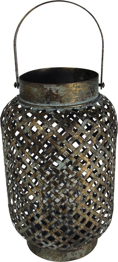 Vintage metalen lantaarn/windlicht met glas Luna Cross 30 cm - Metalen woonaccessoires - Tuindecoratie artikelen van metaal