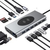 Hunda -15 in 1 - USB-C - Hub Multipoort Adapter- Docking Station - 4K HDMI - VGA - Ethernet - Qi - Draadloos Opladen - 87W PD - 3x USB 3.0 - 4x USB 2.0 - MicroSD  - SD & AUX
