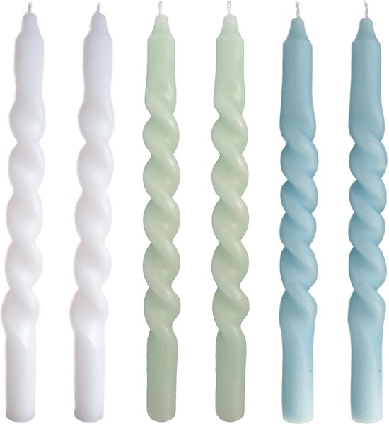 Candle Party X Kyra Vetketel gedraaide dinerkaarsen - twisted candles - swirl candles - Spiraal mix blauw set van 6