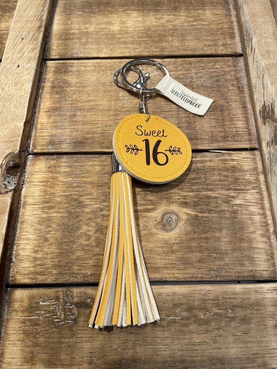 Foto: Sleutelhanger met kwastje imitatie leer geel sweet 16