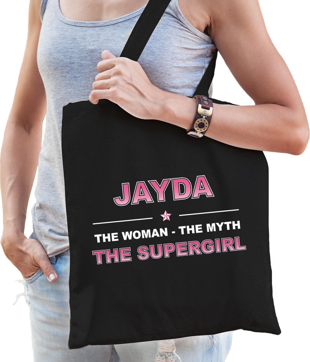Naam cadeau Jayda - The woman, The myth the supergirl katoenen tas - Boodschappentas verjaardag/ moeder/ collega/ vriendin - Bellatio Decorations