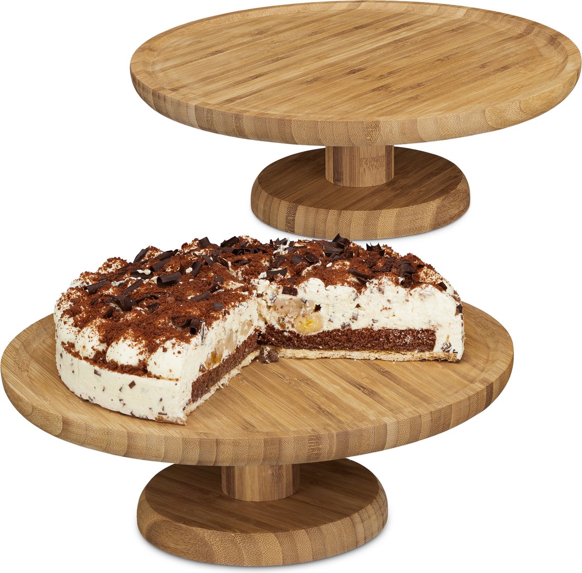 relaxdays 2 x taartplateau bamboe, taartstandaard hout rond houten serveerbord taart