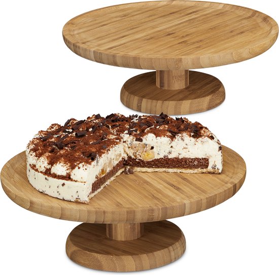 relaxdays 2 x plateau à gâteaux en bambou, support à gâteaux en bois rond  assiette de