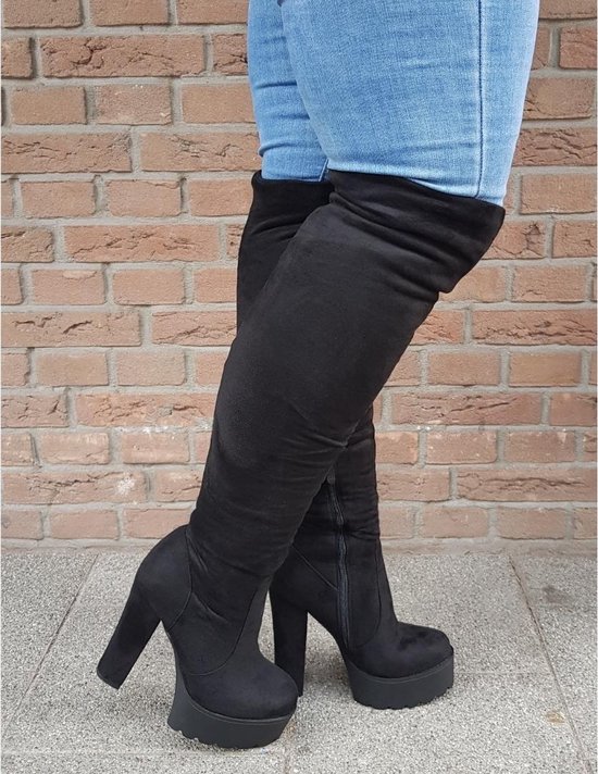 Overknee laarzen met hoge blokhak in zwart | Overknee met hoge en... | bol.com