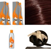 XP100 haarverfpakket kleur 5.5  Lichtbruin & Mahonie (2x 100ML) met 3% waterstof ( 1x 250ML) incl verfbakje, kwast, maatbeker, puntkam en handschoenen