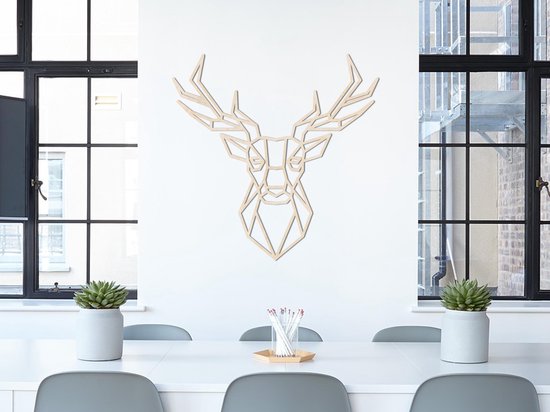 HOUTEN WANDDECORATIE / WOODEN WALL DECORATION - GEOMETRISCHE MUURDECORATIE / GEOMETRIC WALL ART - HERTENKOP (SYMMETRISCH) / DEER HEAD (SYMMETRIC) - 45 x 45cm - LICHT HOUT / NATURAL WOOD - ORIGAMI DESIGN WANDFIGUUR - WILD - REE - RENDIER
