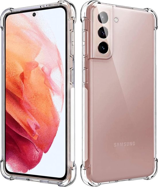Coque transparente pour Samsung Galaxy S21 Plus, montrant l'avant et l'arrière.