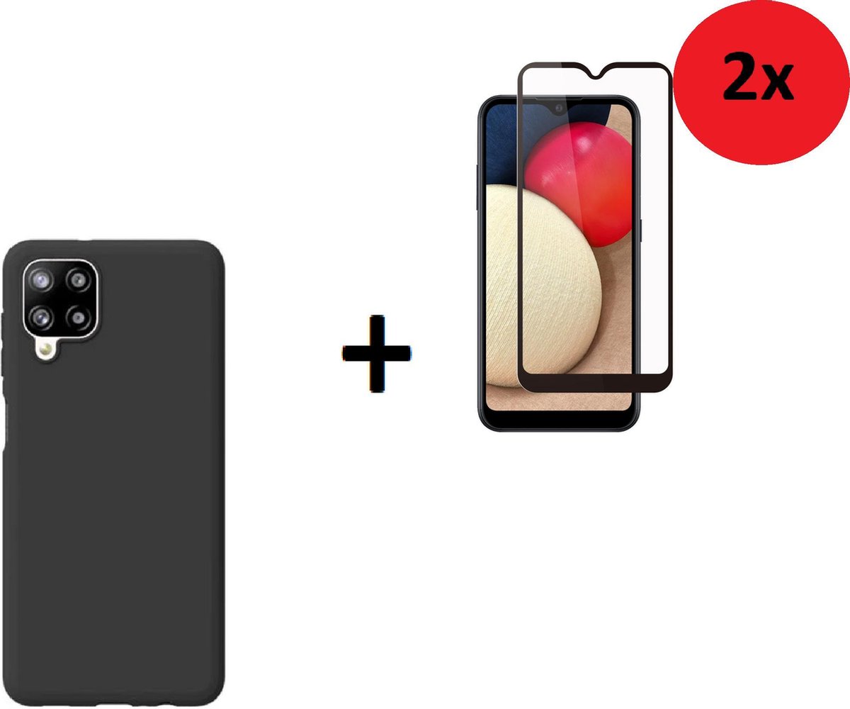 Samsung A12 Hoesje - Siliconen - Samsung A12 Screenprotector - Zwart Case + 2x Screenprotector