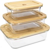 Glazen voedselcontainers met bamboe deksel - 3 x glazen containers in verschillende maten - hittebestendig koudebestendig