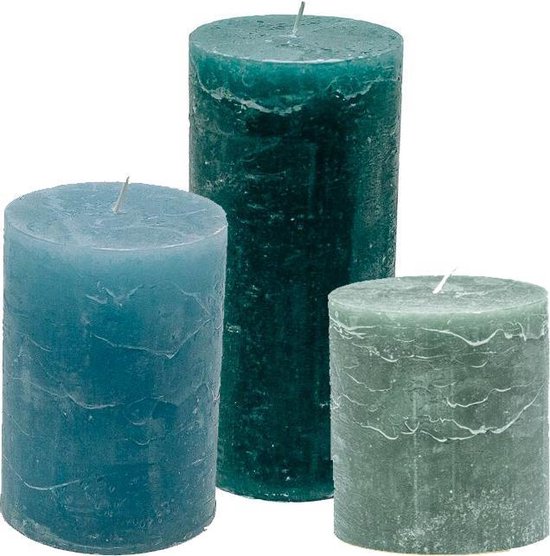 Marqué par | Set de 3 bougies piliers | 7x8 7x10 7x15 cm | Petrol / Blue clair / Mer orageuse