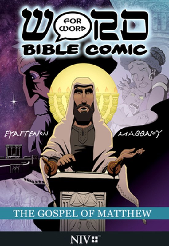 Woord voor Woord Bijbel Comic: Het Evangelie van Mattheüs. Een illustratie van een man met een baard en halo, staande achter een lessenaar. Op de achtergrond staan verschillende figuren en een gebouw.