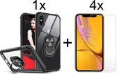 iPhone XR hoesje Kickstand Ring shock proof case transparant zwarte randen magneet - 4x iPhone XR Screenprotector Glas