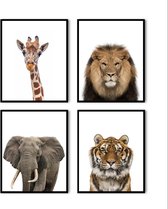 Poster Set 4 Jungle / Safari Leeuw Olifant Tijger Giraffe - 30x21cm/A4 - Baby / Kinderkamer - Dieren Poster - Muurdecoratie