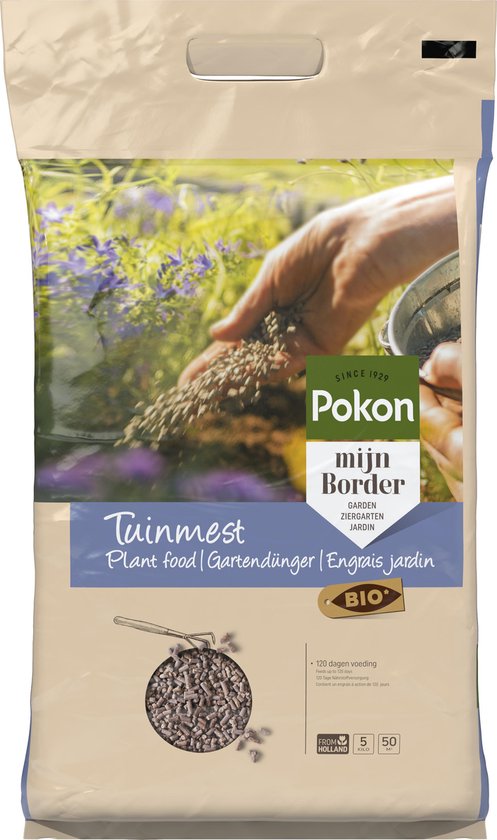 Zak Pokon mijn border tuintjes, met korrels en een hand die korrels strooit.