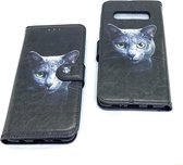 Samsung Galaxy S10 Zwart kat Print Portemonnee Kunstleer Luxe Wallet Case -TPU  hoesje met pasjes Flip Cover - Boek  beschermend Telefoonhoesje