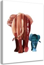 Schilderij wandelende olifanten, 2 maten, bruin/blauw/wit (wanddecoratie)