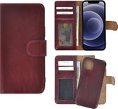 iPhone 12 hoesje - Bookcase - Portemonnee Hoes 2in1 Uitneembaar Echt leer Wallet case Bordeaux Rood
