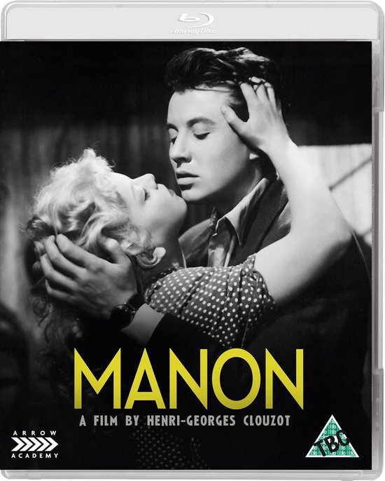 Een man met zijn armen om het hoofd van een vrouw. Tekst: MANON. A FILM BY HENRI-GEORGES CLOUZOT.