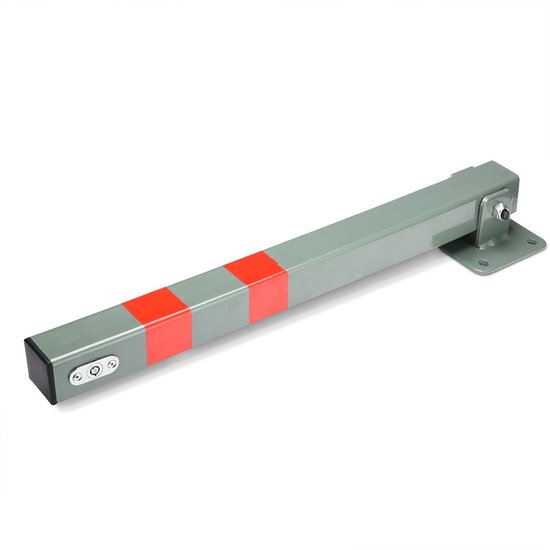 Grijze, platte parkeerpaal met twee rode reflecterende banden en een zwarte kap. De paal is neerklapbaar.