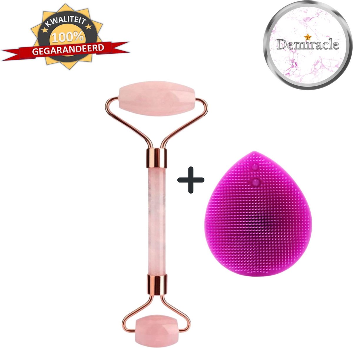 Demiracle Rose Quartz Face Roller met Paarse Siliconen Gezichtsborstel - Valentijnsdag - Cadeau - Gezichtsroller - Massage Roller - Jade Roller - Rimpelverwijdering - Ontspanning - Kwaliteit