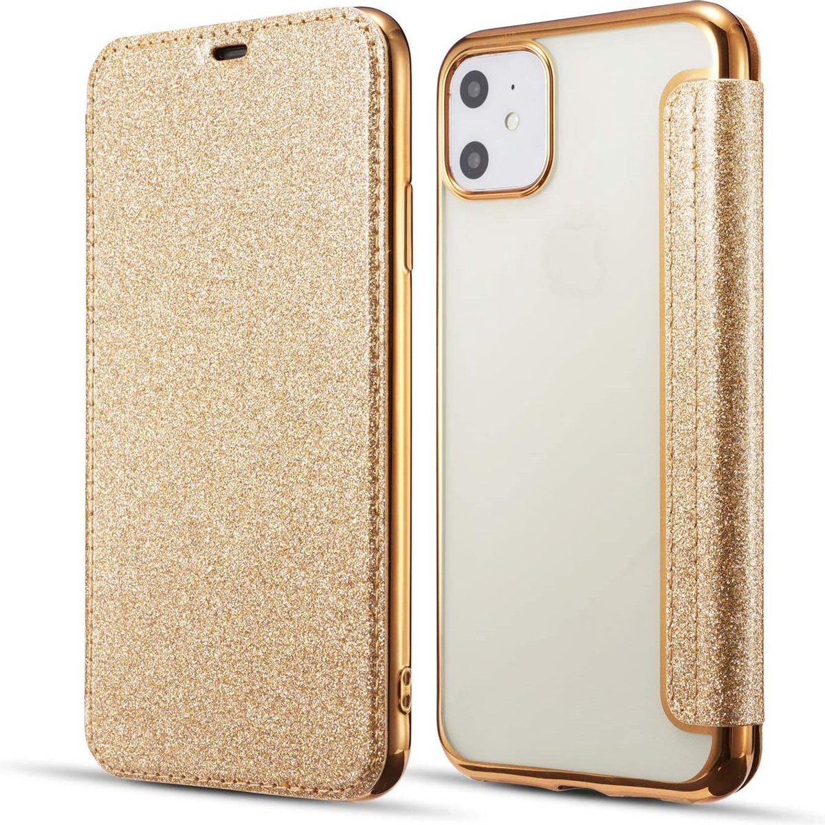 Geschikt voor Apple iPhone 12 Mini Flip hoesje - Goud - Folio Glitter