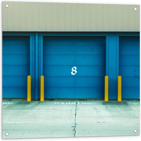 Tuinposter – Garage Deuren Blauw met Cijfers - 80x80cm Foto op Tuinposter  (wanddecoratie voor buiten en binnen)