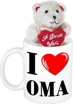 Oma cadeau I Love Oma beker / mok 300 ml met beige knuffelbeertje met love hartje - Oma cadeautje