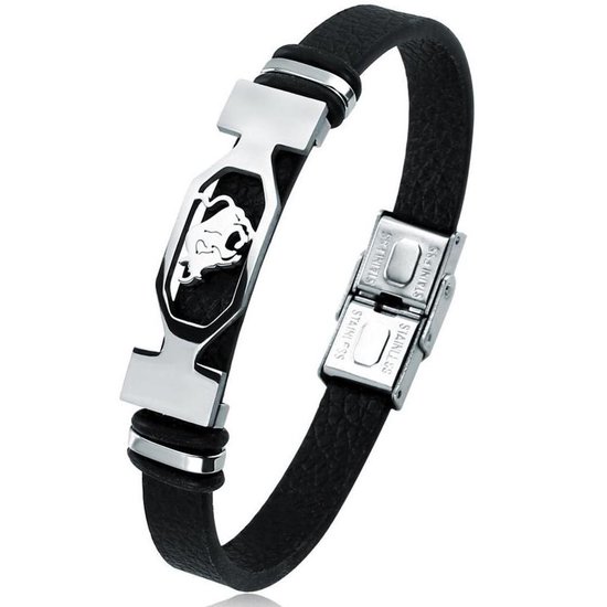 Stier / Taurus - Leren Armband met Stalen Sterrenbeeld - Astrologie - Zwart - Armbanden Heren Dames - Cadeau voor Man - Mannen Cadeautjes