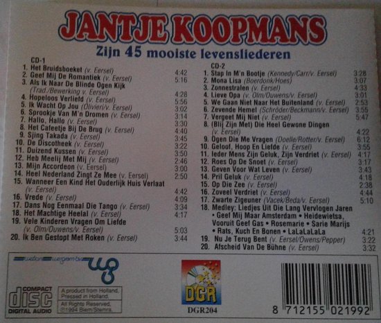 Jantje Koopmans Zijn 45 Mooiste Levensliederen Jantje Koopmans CD Jantje Koopmans Zijn 45 Mooiste Levensliederen Jantje Koopmans CD