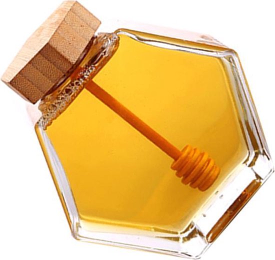 Zeshoekige glazen honingpot 220ml, honingpot met houten lepel en deksel,  honingopslag... | bol.com