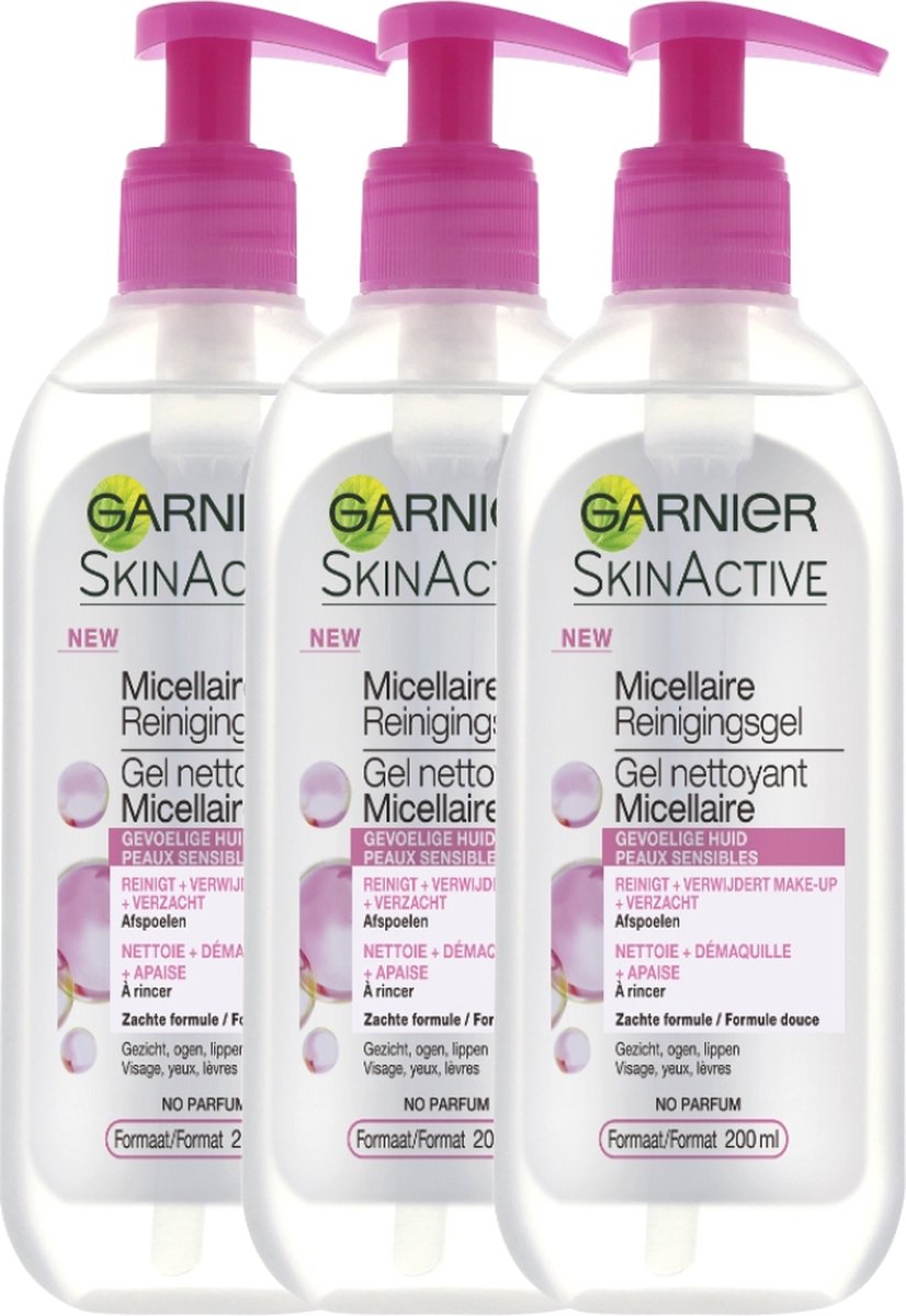 Garnier SkinActive Micellaire Reinigingsgel voor de Gevoelige Huid - 3 x 200 ml - Reinigende en Verzachtende Micellaire Gezichtsgel - Garnier