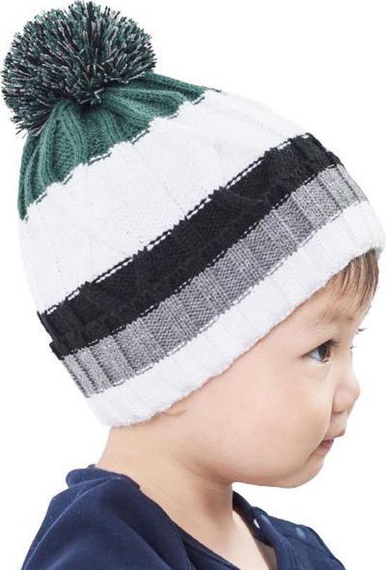 Bonnet Bébé (4-12 mois) - bonnet enfant garçon pompon - rayures vertes  noires blanches | bol.com