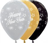 Happy new Year Ballonnen , 6 stuks, nieuwjaar, goud, zilver, zwart, 100% biologisch afbreekbaar.