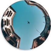 Dibond Wandcirkel - Vliegtuig en Gebouwen van Onderaf - 50x50cm Foto op Aluminium Wandcirkel (met ophangsysteem)