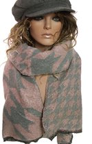 Zachte XXL dames sjaal met houndstooth print van acryl kleur roze grijs