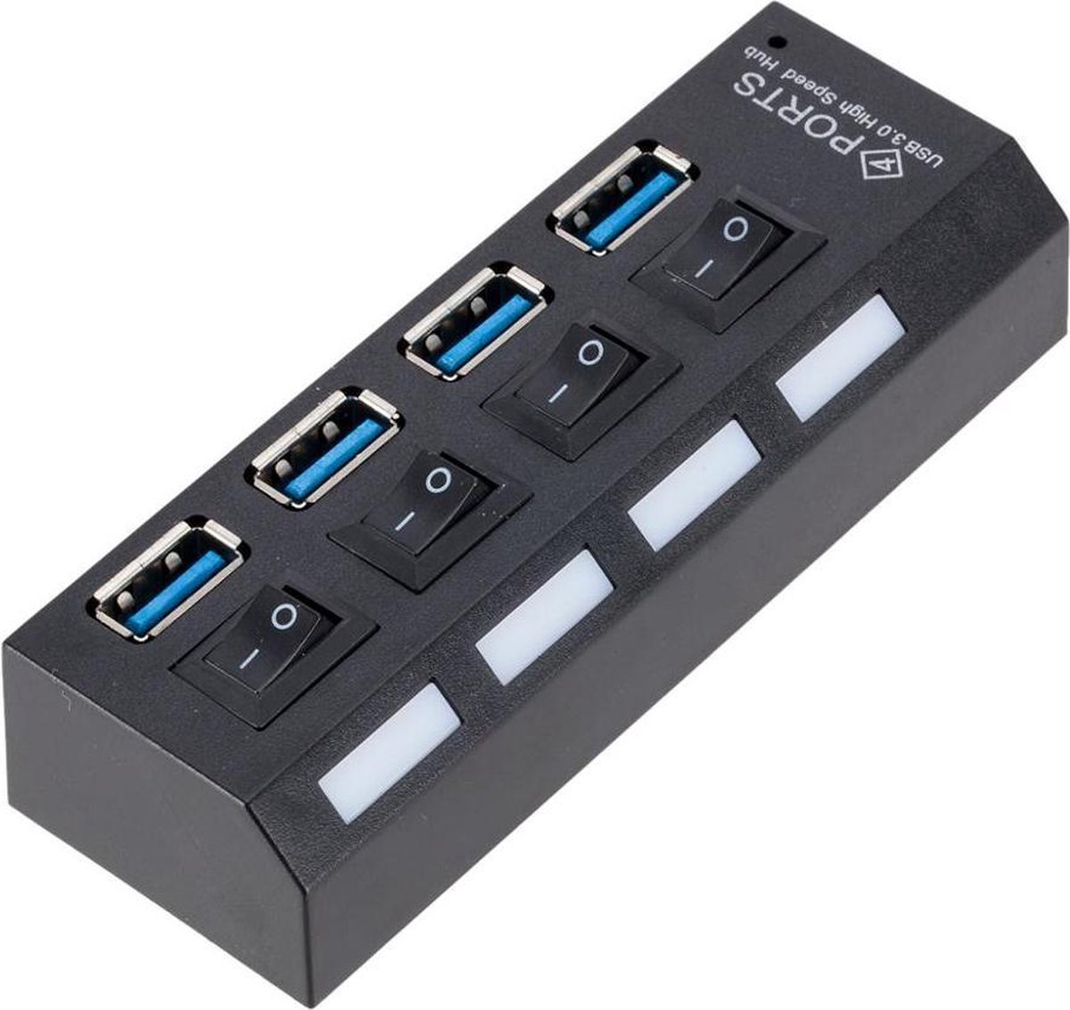 NÖRDIC USB-HUB2 USB naar 4 x USB 3.0, Met schakelaar voor elke poort, 5Gbps, Zwart