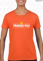 PRINSES PILS damesshirt - Oranje met wit - Maat L - Korte mouwen - Ronde hals - Regular Fit - Grappige teksten - Leuke shirts - Humor - Quotes - Kwoots - Cadeau - Koningsdag - Wij