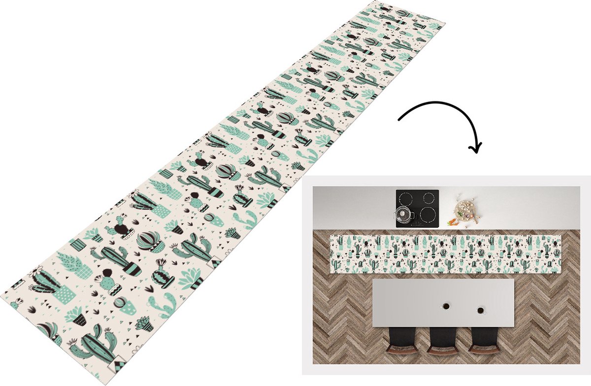 KitchenYeah Keukenloper - Keukenmat - Patroon - Cactus - Pot - 360x60 cm - Keuken vloerkleed Multicolor