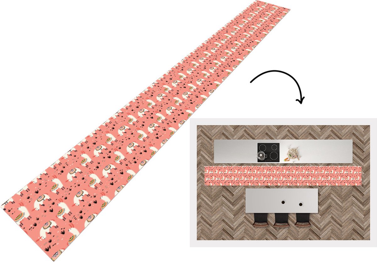 KitchenYeah Keukenloper - Keukenmat - Lama - Kinderen - Roze - Patroon - Keuken vloerkleed, foto 2