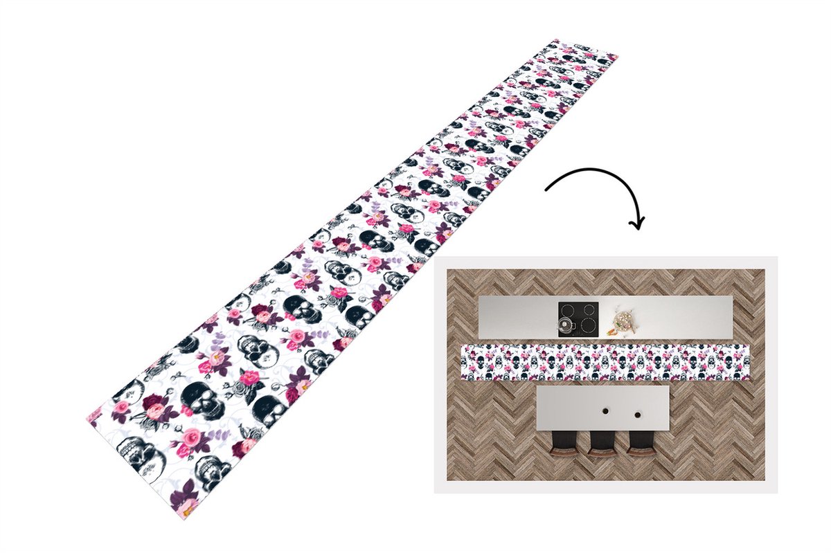 KitchenYeah Keukenloper - Keukenmat - Tieners - Skull - Roos - Patronen - 400x50 cm - Keuken vloerkleed Multicolor