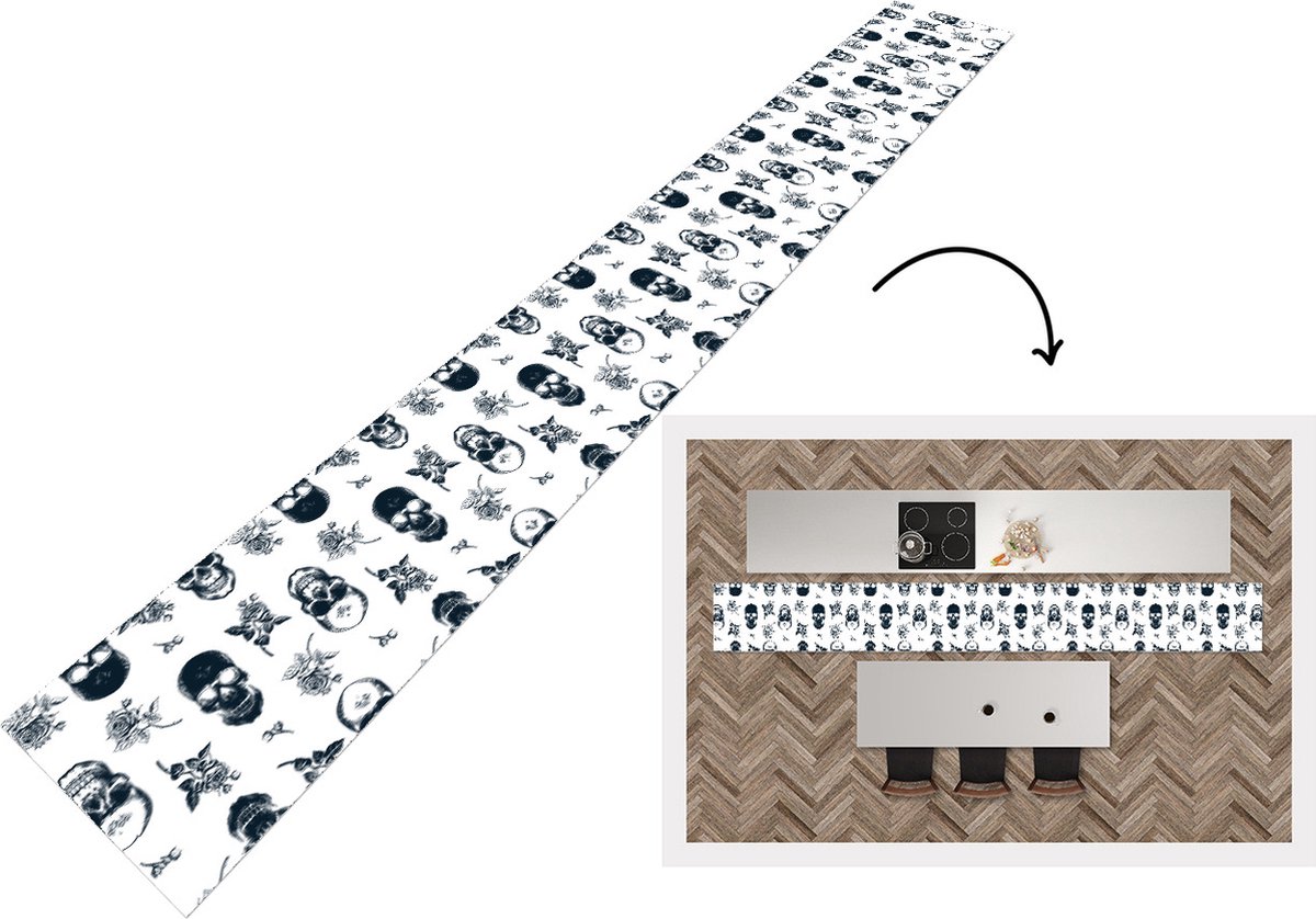 KitchenYeah Keukenloper - Keukenmat - Tiener - Skull - Rozen - Patroon - 480x60 cm - Keuken vloerkleed Multicolor