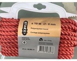 Starx nylon touw rood 10 meter lang. 8 mm dik. Polypropyleen koord.