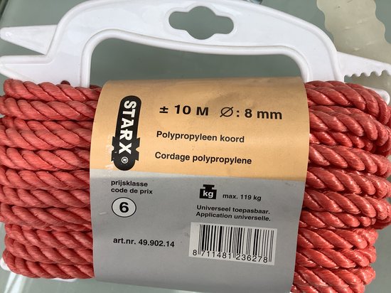 Corde en nylon Starx rouge de 10 mètres de long. 8 mm d'épaisseur