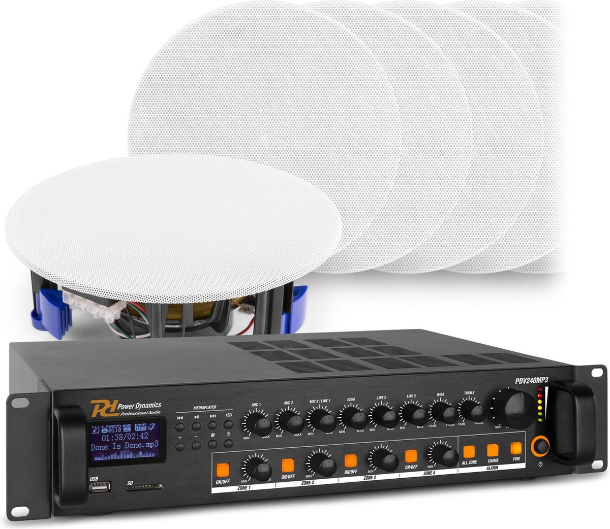 4-zone geluidsinstallatie met versterker met Bluetooth en 24 witte plafondspeakers (6'') - 100V