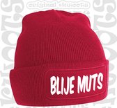 BLIJE MUTS muts - Rood met wit - Beanie - One Size - Unisex - Grappige teksten - Quotes - Kwoots - Wintersport - Aprés ski muts - Ik ben vandaag zo vrolijk