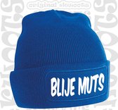 BLIJE MUTS muts - Blauw met wit - Beanie - One Size - Unisex - Grappige teksten - Quotes - Kwoots - Wintersport - Aprés ski muts - Ik ben vandaag zo vrolijk