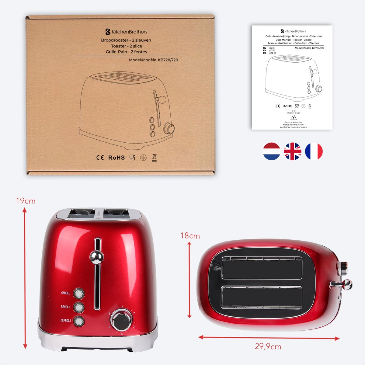 KitchenBrothers Retro Broodrooster - Toaster - 6 Warmteniveaus - 2 Extra Brede Sleuven - BPA-vrij - 815W - Rood thumbnail 5